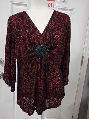 Halo Woman's Blouse Shirt XL Red Black 3/4 Sleeve
